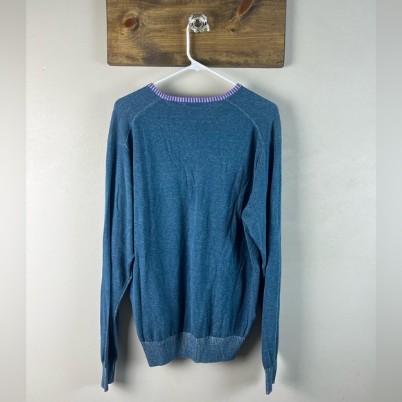 Peter Millar Medium Blue V-Neck Sweater Purple & White Trim-Silk Cashmere Cotton - Picture 6 of 6